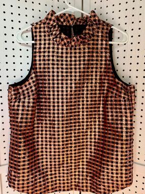 J. Crew Metallic Crinkle Gingham Ruffle Neck Top Women's M